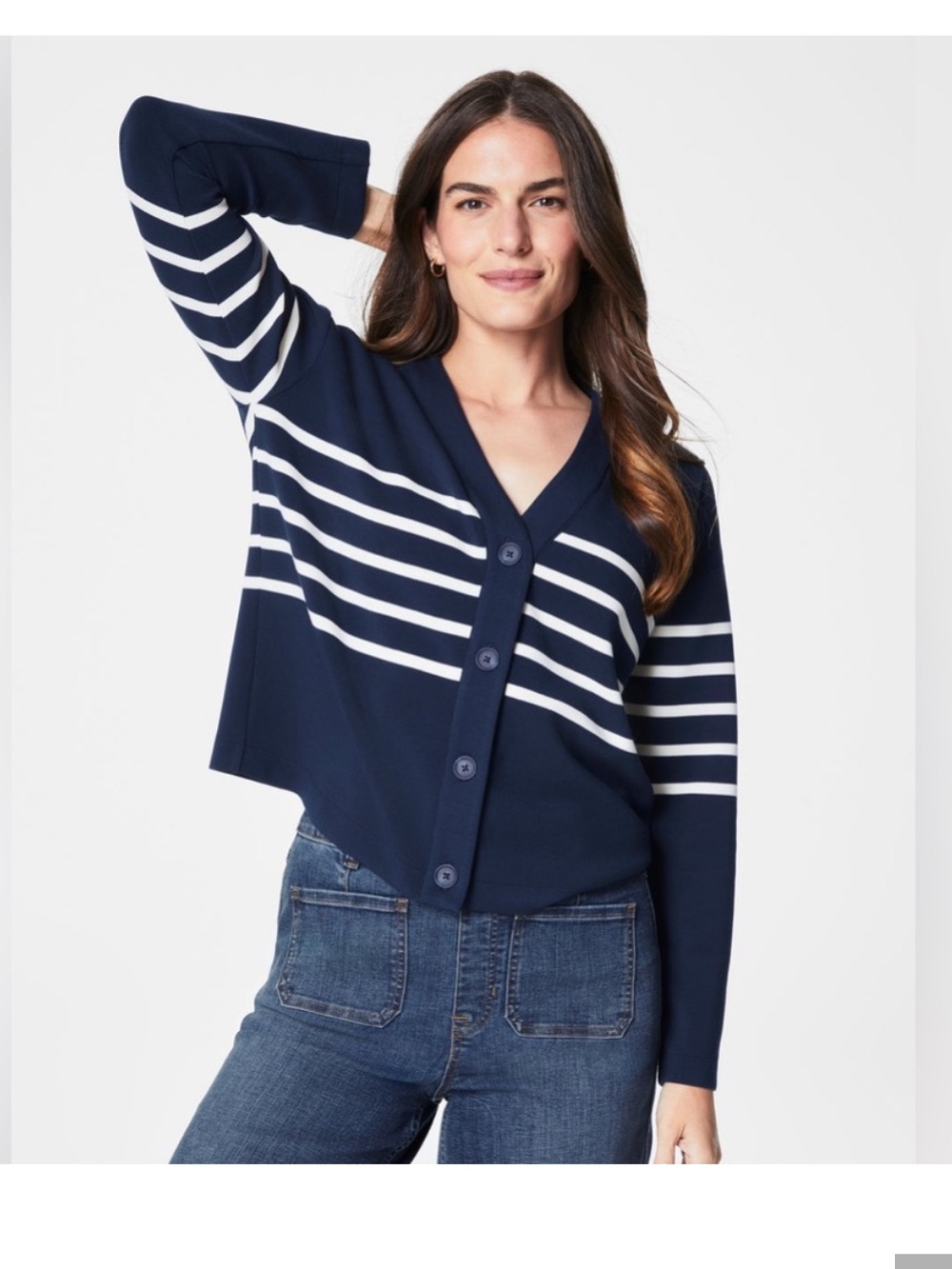 SPANX Navy and White Striped V-Neck Button Cardigan AirEssentials